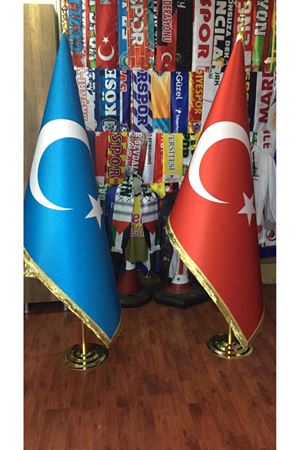 1 Adet Altın Pirinç Fetih Sancağı Makam Bayrağı Lüks Saten Bayrak Altın Direkli
