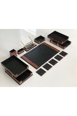 Premium Business Ahşap Deri Siyah Sümen Takımı