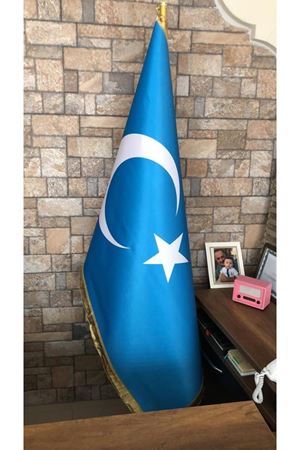 Altın Pirinç Doğu Türkistan Bayrağı 1.Sınıf Saten Kumaş Altın Direk