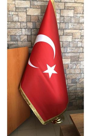 Altın Pirinç Türk Bayrağı Makam Lüks Saten Bayrak Altın Direkli