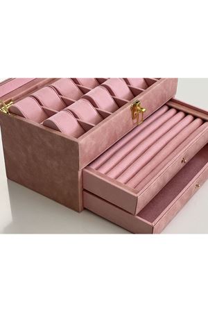 PEMBE Deri içi Kadife Ultralüks El yapımı Çekmeceli üstü Camlı 3 Katlı Takı Kutusu Ultralüks