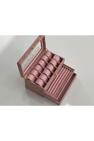 PEMBE Deri içi Kadife Ultralüks El yapımı Çekmeceli üstü Camlı 3 Katlı Takı Kutusu Ultralüks
