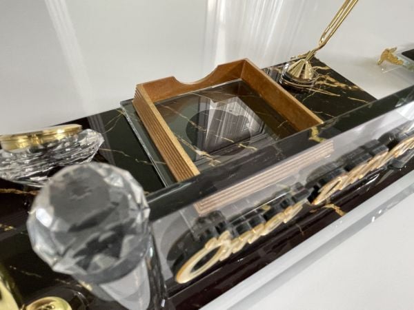 Lazer yazılı Kristal ve Deriden Sümen Makam Takımı (üretim teslim 15 gün)