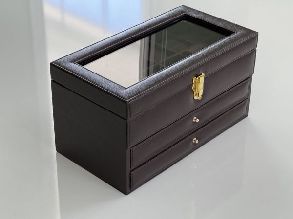 KAHVE Deri içi Kadife Ultralüks El yapımı Çekmeceli üstü Camlı 3 Katlı Takı Kutusu Ultralüks