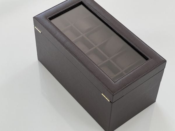 KAHVE Deri içi Kadife Ultralüks El yapımı Çekmeceli üstü Camlı 3 Katlı Takı Kutusu Ultralüks