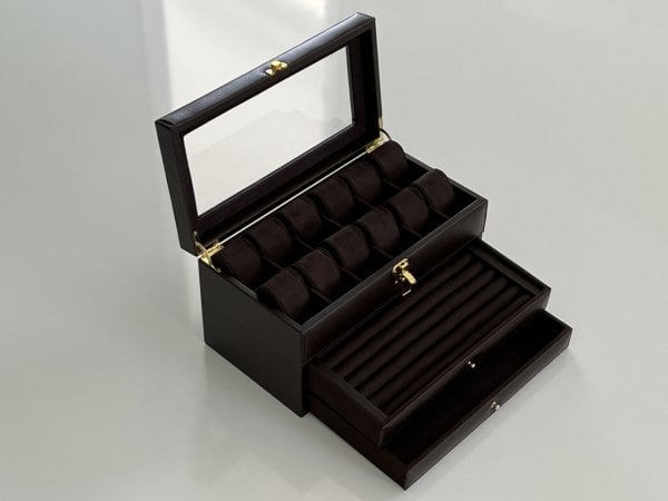 KAHVE Deri içi Kadife Ultralüks El yapımı Çekmeceli üstü Camlı 3 Katlı Takı Kutusu Ultralüks