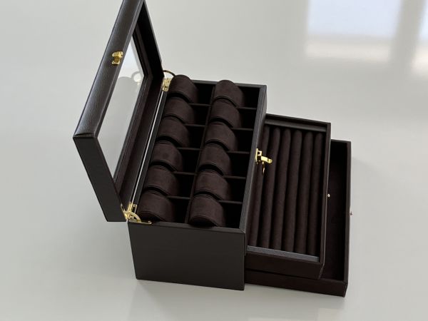 KAHVE Deri içi Kadife Ultralüks El yapımı Çekmeceli üstü Camlı 3 Katlı Takı Kutusu Ultralüks