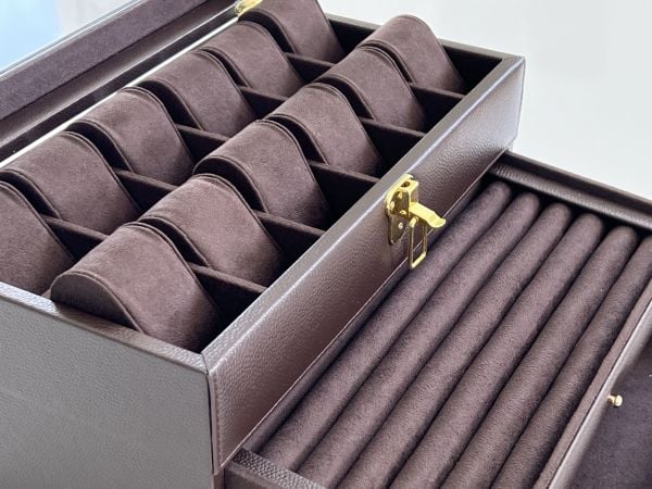 KAHVE Deri içi Kadife Ultralüks El yapımı Çekmeceli üstü Camlı 3 Katlı Takı Kutusu Ultralüks