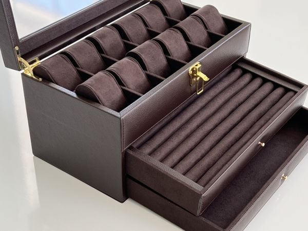 KAHVE Deri içi Kadife Ultralüks El yapımı Çekmeceli üstü Camlı 3 Katlı Takı Kutusu Ultralüks