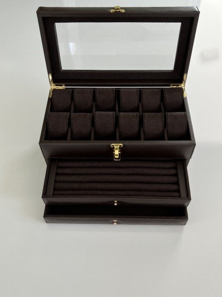 KAHVE Deri içi Kadife Ultralüks El yapımı Çekmeceli üstü Camlı 3 Katlı Takı Kutusu Ultralüks