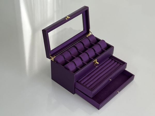 MOR Deri içi Kadife Ultralüks El yapımı Çekmeceli üstü Camlı 3 Katlı Takı Kutusu Ultralüks