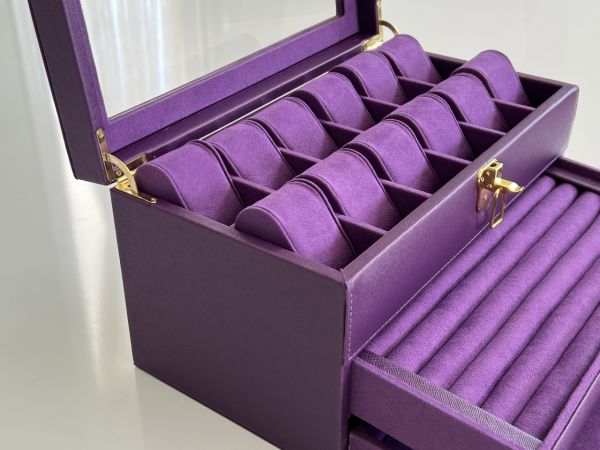 MOR Deri içi Kadife Ultralüks El yapımı Çekmeceli üstü Camlı 3 Katlı Takı Kutusu Ultralüks