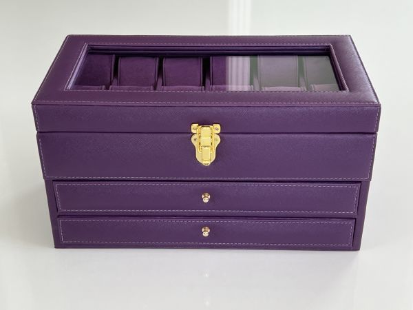 MOR Deri içi Kadife Ultralüks El yapımı Çekmeceli üstü Camlı 3 Katlı Takı Kutusu Ultralüks
