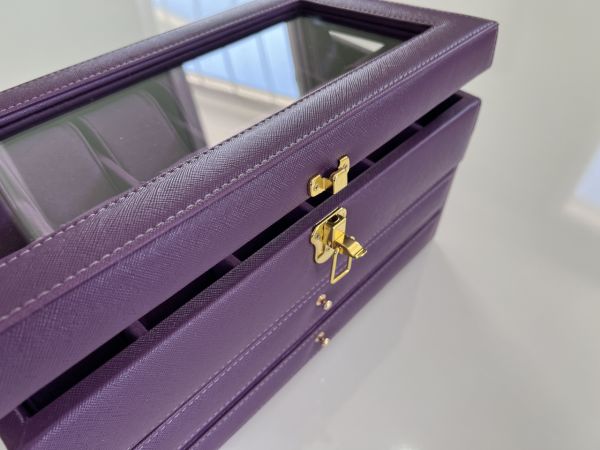 MOR Deri içi Kadife Ultralüks El yapımı Çekmeceli üstü Camlı 3 Katlı Takı Kutusu Ultralüks