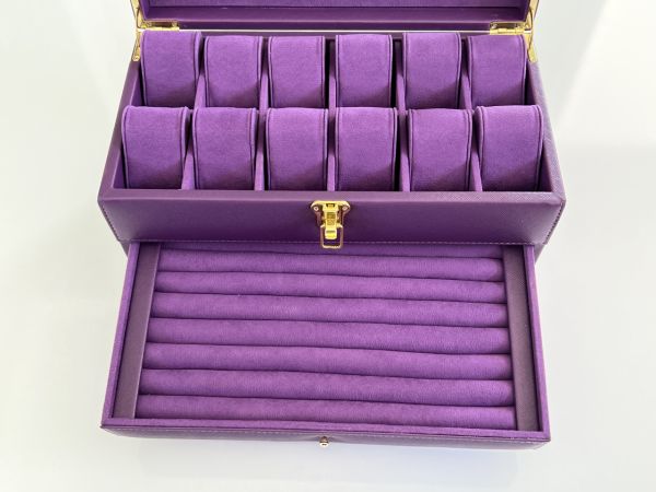 MOR Deri içi Kadife Ultralüks El yapımı Çekmeceli üstü Camlı 3 Katlı Takı Kutusu Ultralüks