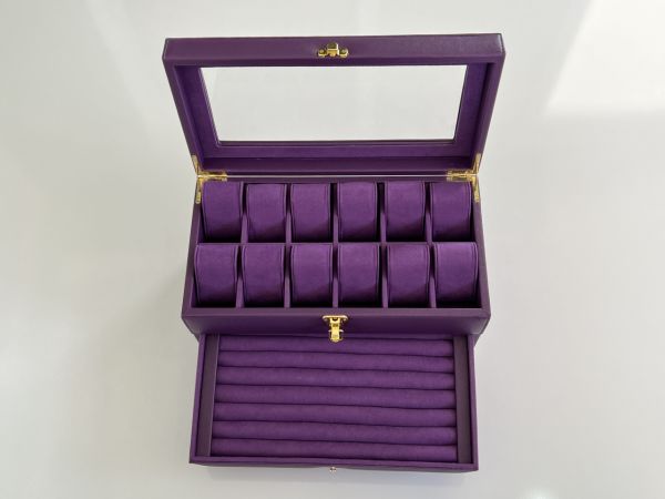 MOR Deri içi Kadife Ultralüks El yapımı Çekmeceli üstü Camlı 3 Katlı Takı Kutusu Ultralüks