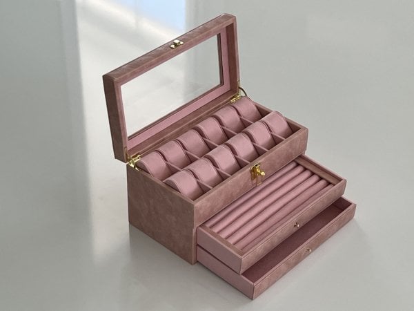 PEMBE Deri içi Kadife Ultralüks El yapımı Çekmeceli üstü Camlı 3 Katlı Takı Kutusu Ultralüks