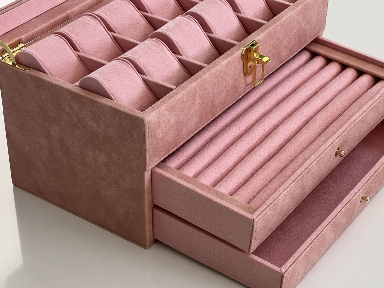 PEMBE Deri içi Kadife Ultralüks El yapımı Çekmeceli üstü Camlı 3 Katlı Takı Kutusu Ultralüks