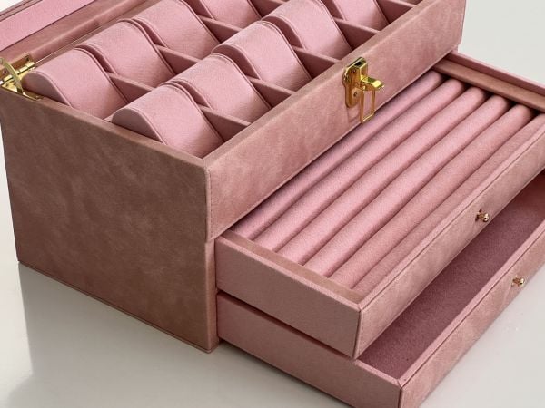 PEMBE Deri içi Kadife Ultralüks El yapımı Çekmeceli üstü Camlı 3 Katlı Takı Kutusu Ultralüks