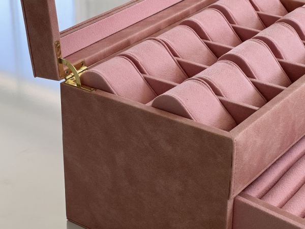 PEMBE Deri içi Kadife Ultralüks El yapımı Çekmeceli üstü Camlı 3 Katlı Takı Kutusu Ultralüks