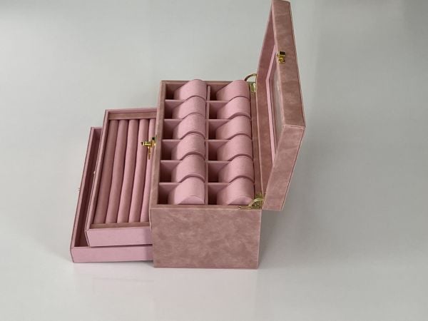 PEMBE Deri içi Kadife Ultralüks El yapımı Çekmeceli üstü Camlı 3 Katlı Takı Kutusu Ultralüks
