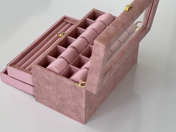 PEMBE Deri içi Kadife Ultralüks El yapımı Çekmeceli üstü Camlı 3 Katlı Takı Kutusu Ultralüks