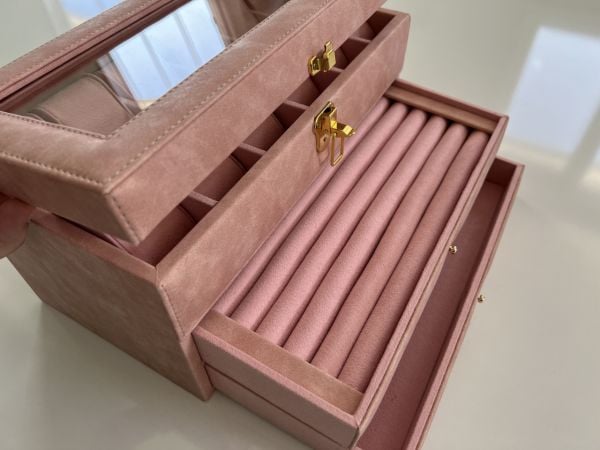 PEMBE Deri içi Kadife Ultralüks El yapımı Çekmeceli üstü Camlı 3 Katlı Takı Kutusu Ultralüks