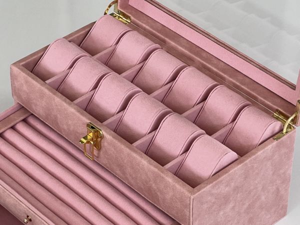 PEMBE Deri içi Kadife Ultralüks El yapımı Çekmeceli üstü Camlı 3 Katlı Takı Kutusu Ultralüks