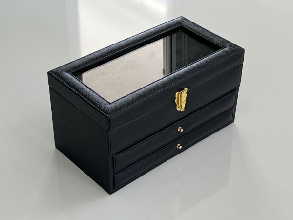 SİYAH Deri içi Kadife Ultralüks El yapımı Çekmeceli üstü Camlı 3 Katlı Takı Kutusu Ultralüks