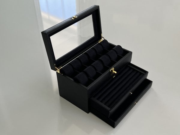 SİYAH Deri içi Kadife Ultralüks El yapımı Çekmeceli üstü Camlı 3 Katlı Takı Kutusu Ultralüks