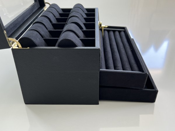 SİYAH Deri içi Kadife Ultralüks El yapımı Çekmeceli üstü Camlı 3 Katlı Takı Kutusu Ultralüks