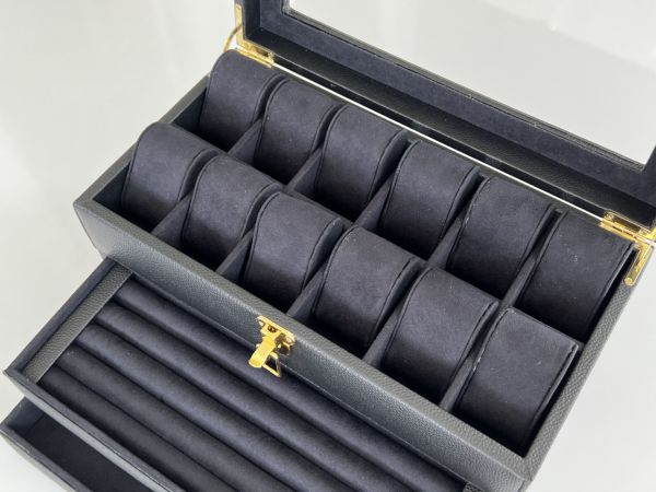 SİYAH Deri içi Kadife Ultralüks El yapımı Çekmeceli üstü Camlı 3 Katlı Takı Kutusu Ultralüks