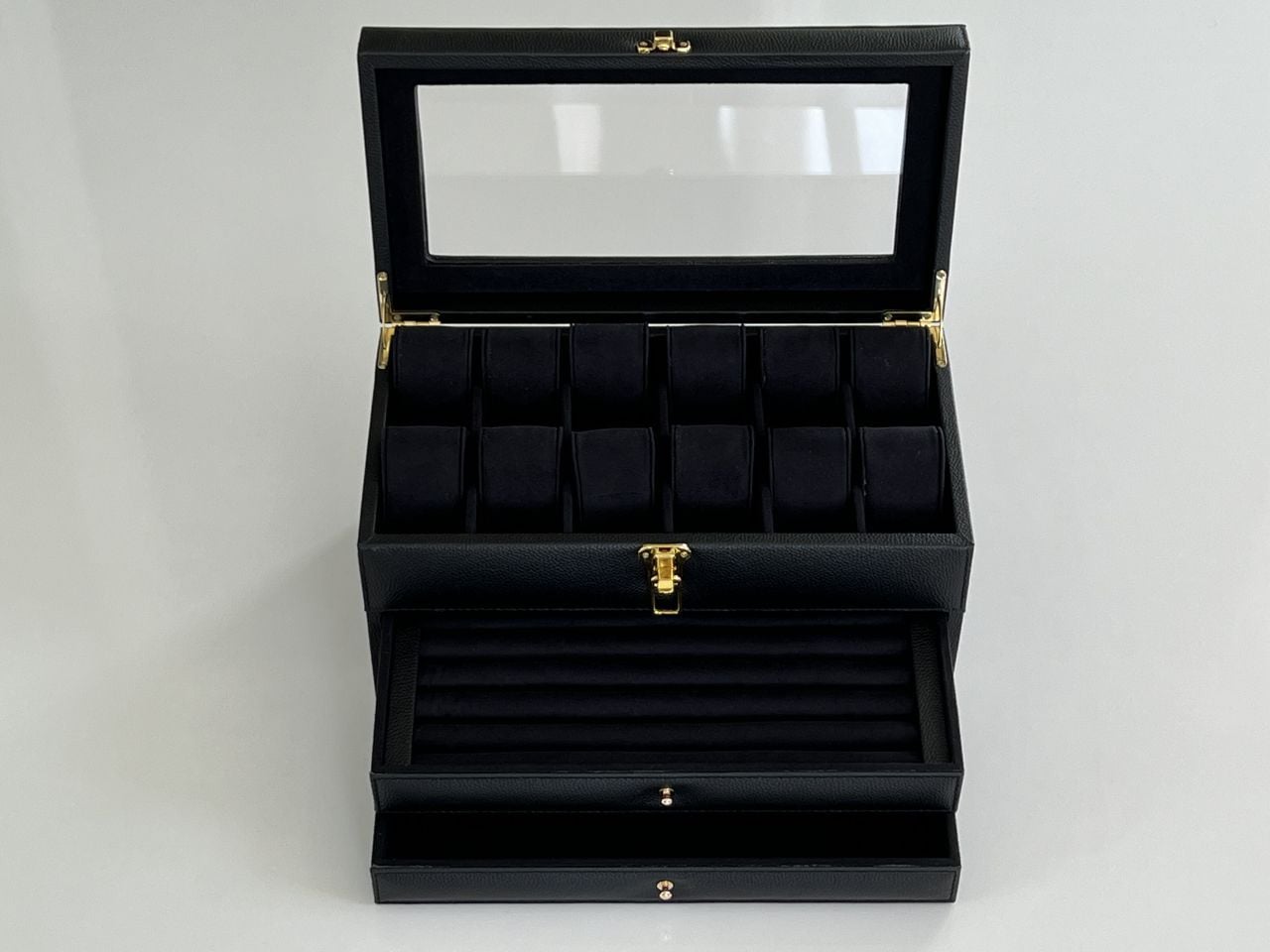 SİYAH Deri içi Kadife Ultralüks El yapımı Çekmeceli üstü Camlı 3 Katlı Takı Kutusu Ultralüks