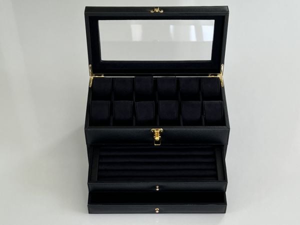 SİYAH Deri içi Kadife Ultralüks El yapımı Çekmeceli üstü Camlı 3 Katlı Takı Kutusu Ultralüks