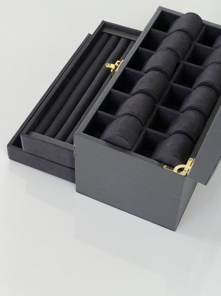 SİYAH Deri içi Kadife Ultralüks El yapımı Çekmeceli üstü Camlı 3 Katlı Takı Kutusu Ultralüks