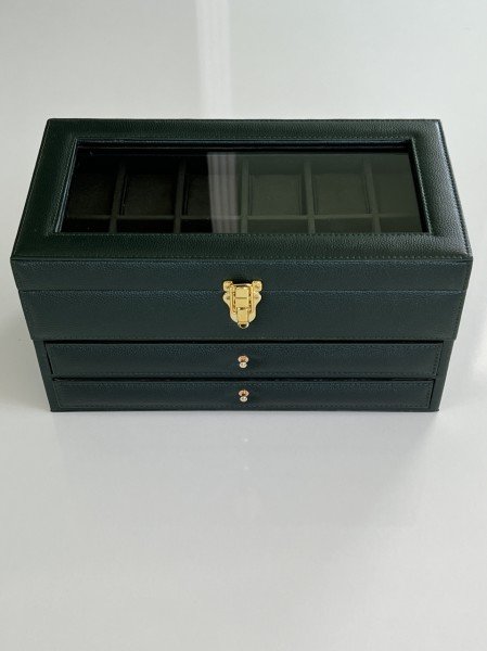 KAMPANYA - YEŞİL Deri içi Kadife Ultralüks El yapımı Çekmeceli üstü Camlı 3 Katlı Takı Kutusu Ultralüks