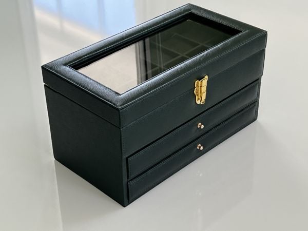 KAMPANYA - YEŞİL Deri içi Kadife Ultralüks El yapımı Çekmeceli üstü Camlı 3 Katlı Takı Kutusu Ultralüks