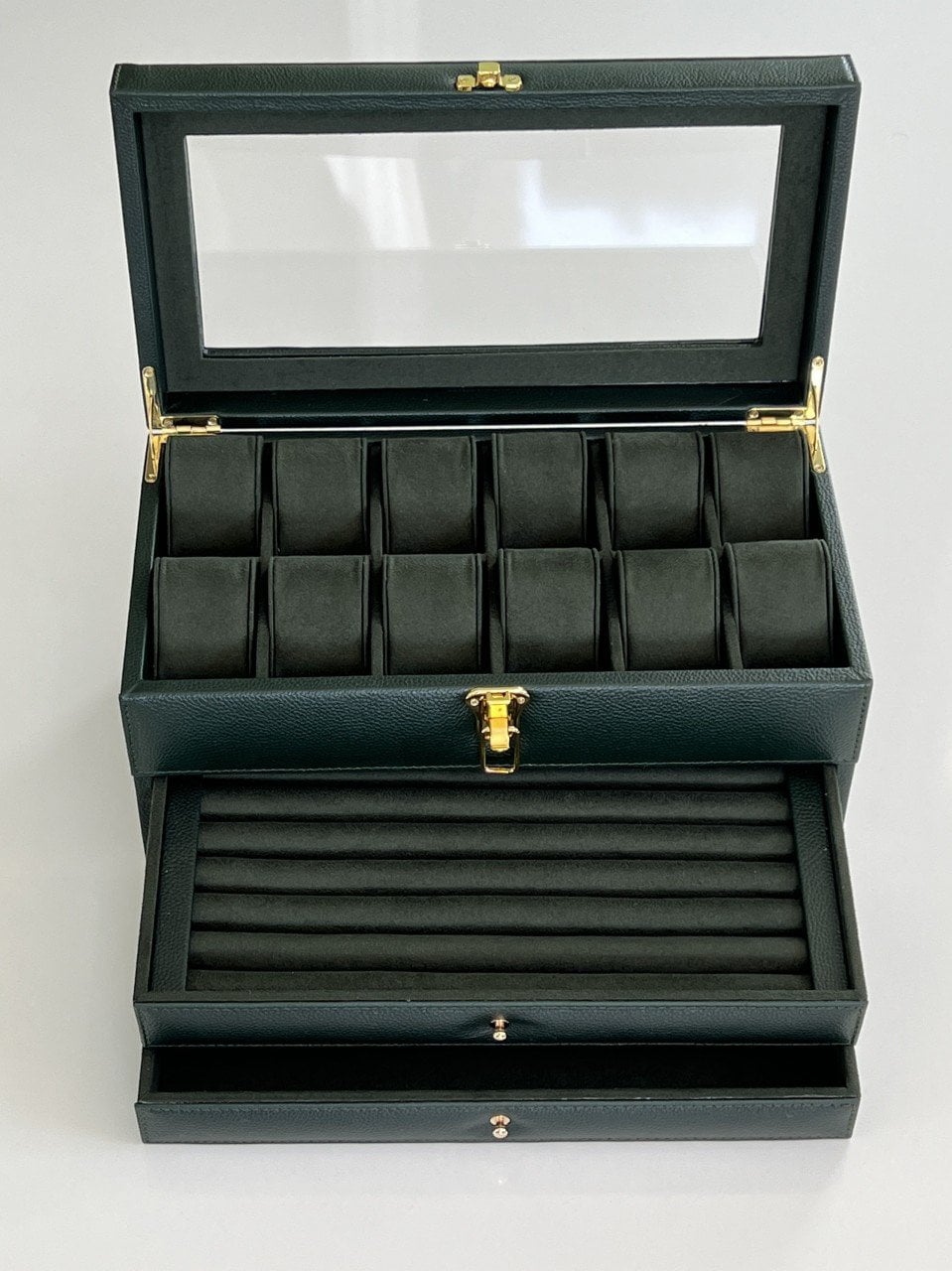 KAMPANYA - YEŞİL Deri içi Kadife Ultralüks El yapımı Çekmeceli üstü Camlı 3 Katlı Takı Kutusu Ultralüks