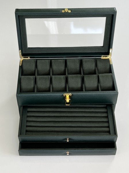 KAMPANYA - YEŞİL Deri içi Kadife Ultralüks El yapımı Çekmeceli üstü Camlı 3 Katlı Takı Kutusu Ultralüks