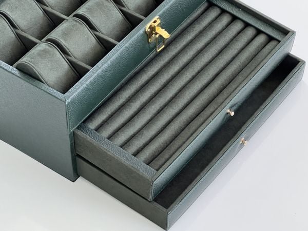 KAMPANYA - YEŞİL Deri içi Kadife Ultralüks El yapımı Çekmeceli üstü Camlı 3 Katlı Takı Kutusu Ultralüks