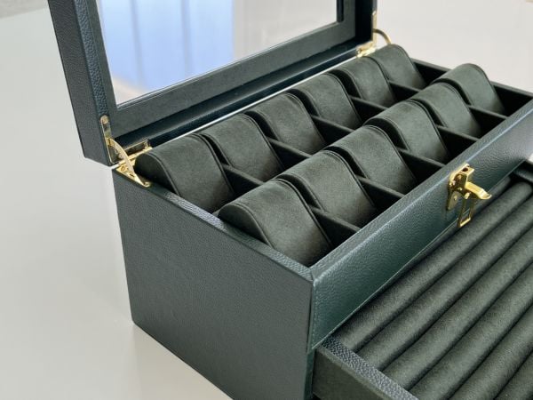 KAMPANYA - YEŞİL Deri içi Kadife Ultralüks El yapımı Çekmeceli üstü Camlı 3 Katlı Takı Kutusu Ultralüks