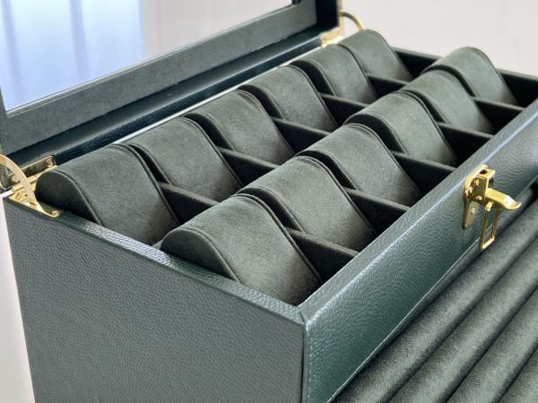 KAMPANYA - YEŞİL Deri içi Kadife Ultralüks El yapımı Çekmeceli üstü Camlı 3 Katlı Takı Kutusu Ultralüks