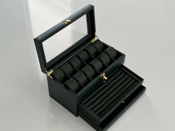 KAMPANYA - YEŞİL Deri içi Kadife Ultralüks El yapımı Çekmeceli üstü Camlı 3 Katlı Takı Kutusu Ultralüks