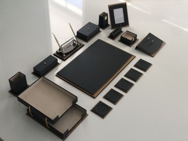 Cumhurbaşkanlığı Antrasit Gri Ahşap Deri Deluxe Set