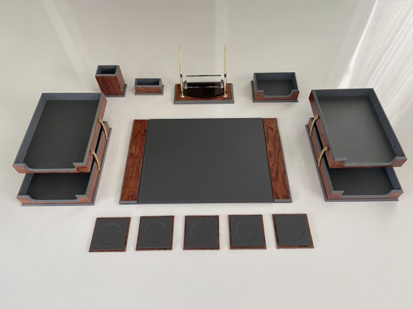 Premium Business Ahşap Deri Antrasit Gri Sümen Takımı