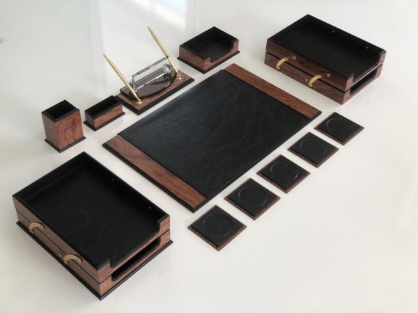 Premium Business Ahşap Deri Siyah Sümen Takımı