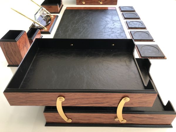 Premium Business Ahşap Deri Siyah Sümen Takımı