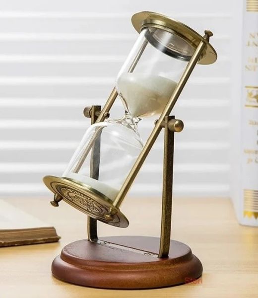Metal Bronz Ahşap Kaideli 24 cm Bronz Kum Saati (30 dakika) Avrupa