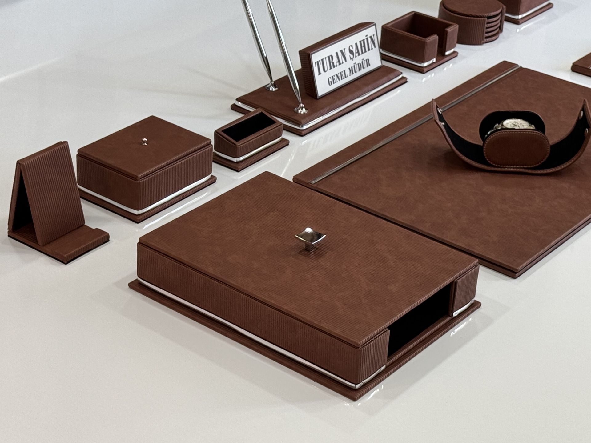 FIRSAT PREMİUM ULTRALüks Kahve Taba Deri Krom Makyaj Saat Kutulu alt iç yapı Kadife EL YAPIMI VIP Sümen Makam Takımı