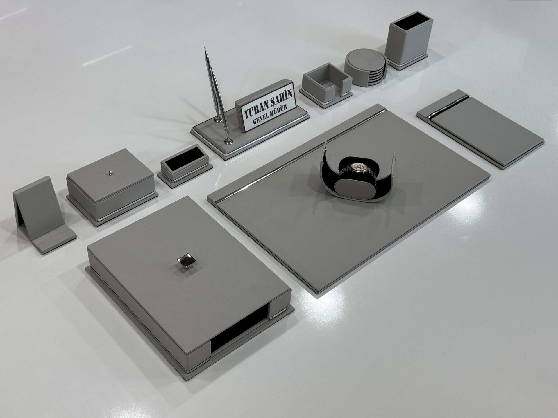 FIRSAT PREMİUM Açık Gri Deri Krom Makyaj Saat Kutulu alt iç yapı Kadife EL YAPIMI VIP Sümen Makam Takımı